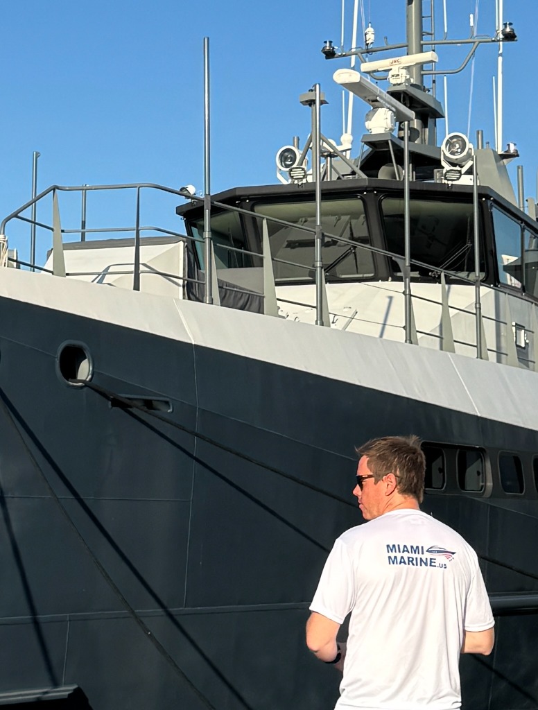 Miami Marine founder Walter alongside the 182 ft Damen support yacht Gene Chaser