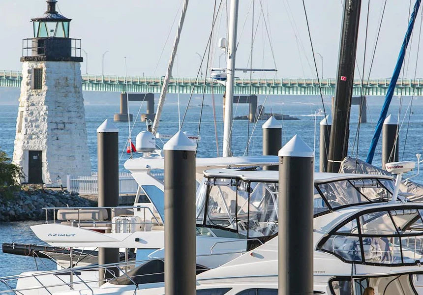 Boats docked at a marina in Newport, Rhode Island